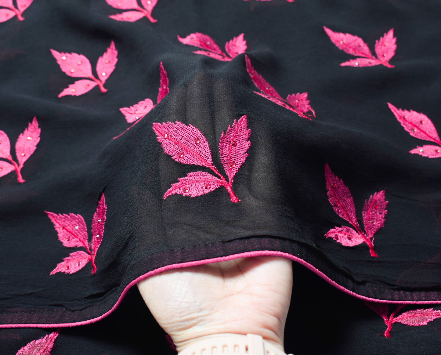Sushila Vintage Black Scrap Dupatta Pure Georgette Embroidered Leaves Long Stole
