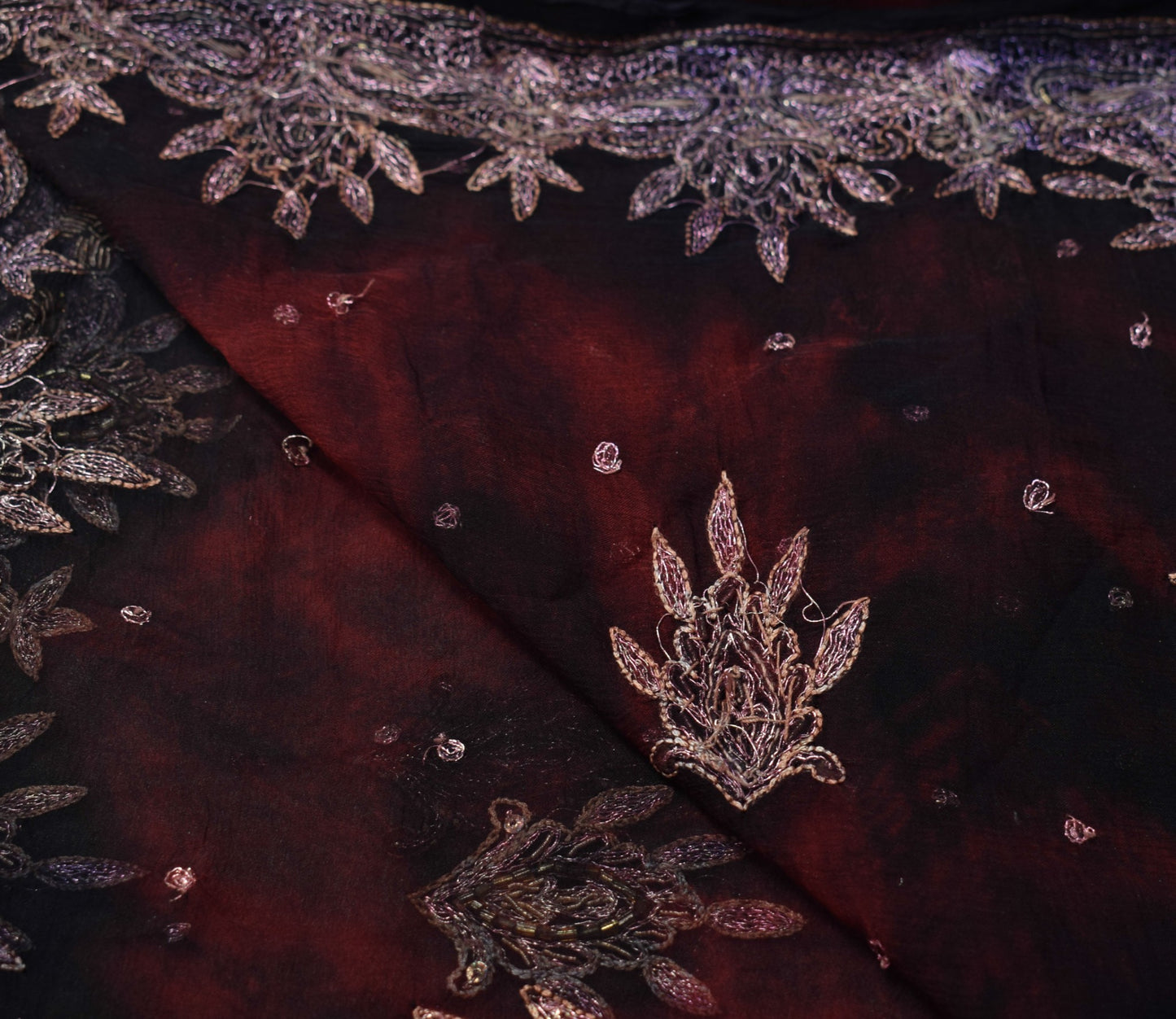 Sushila Vintage Tie-Dye Scrap Dupatta Pure Chiffon Maroon Hand Beaded Long Stole