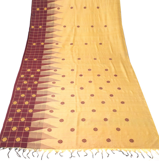 Sushila Vintage Floral Beige Sari Remnant Scrap Hand Woven PureSilk Craft Fabric