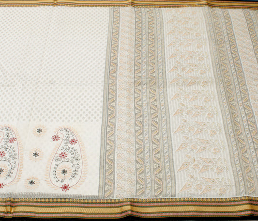 Sushila Vintage White Saree Blend Cotton Printed & Hand Embroidered Sari Fabric