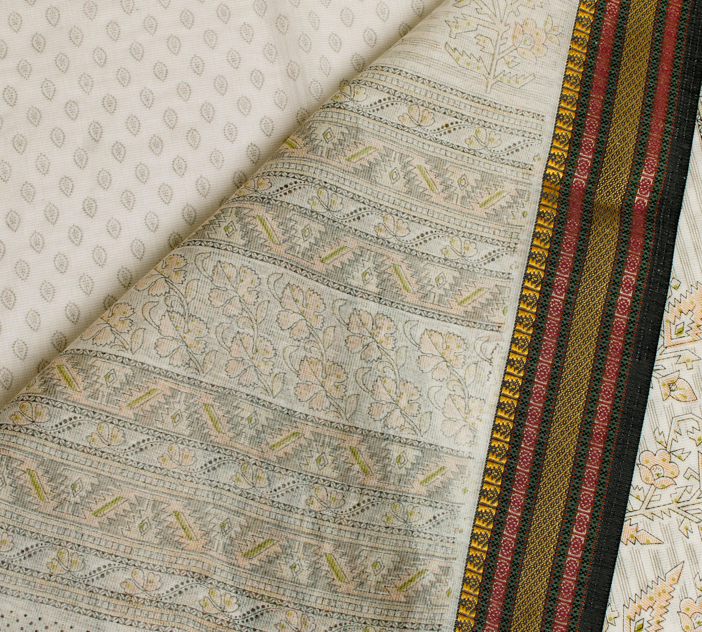 Sushila Vintage White Saree Blend Cotton Printed & Hand Embroidered Sari Fabric
