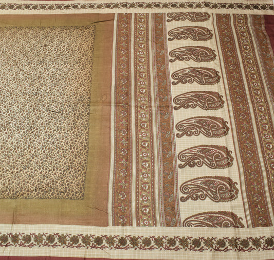 Sushila Vintage Cream Saree 100% Pure Silk Woven Floral Soft Sari Craft Fabric