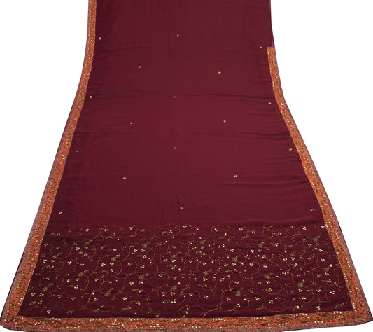 Sushila Vintage Maroon Saree Blend Georgette Silk Hand Beaded Floral Sari Fabric
