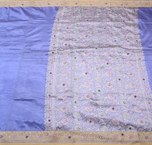 Sushila Vintage Blue Saree Art Silk Hand Beaded Floral Sari Craft Fabric