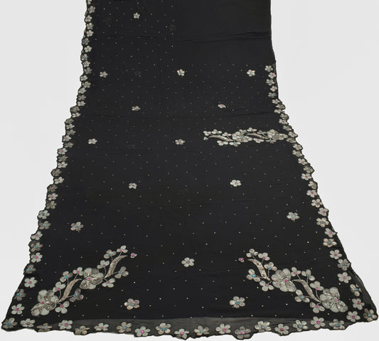 Sushila Vintage Black 100% Pure Georgette Silk Cutwork Saree Floral Craft Fabric