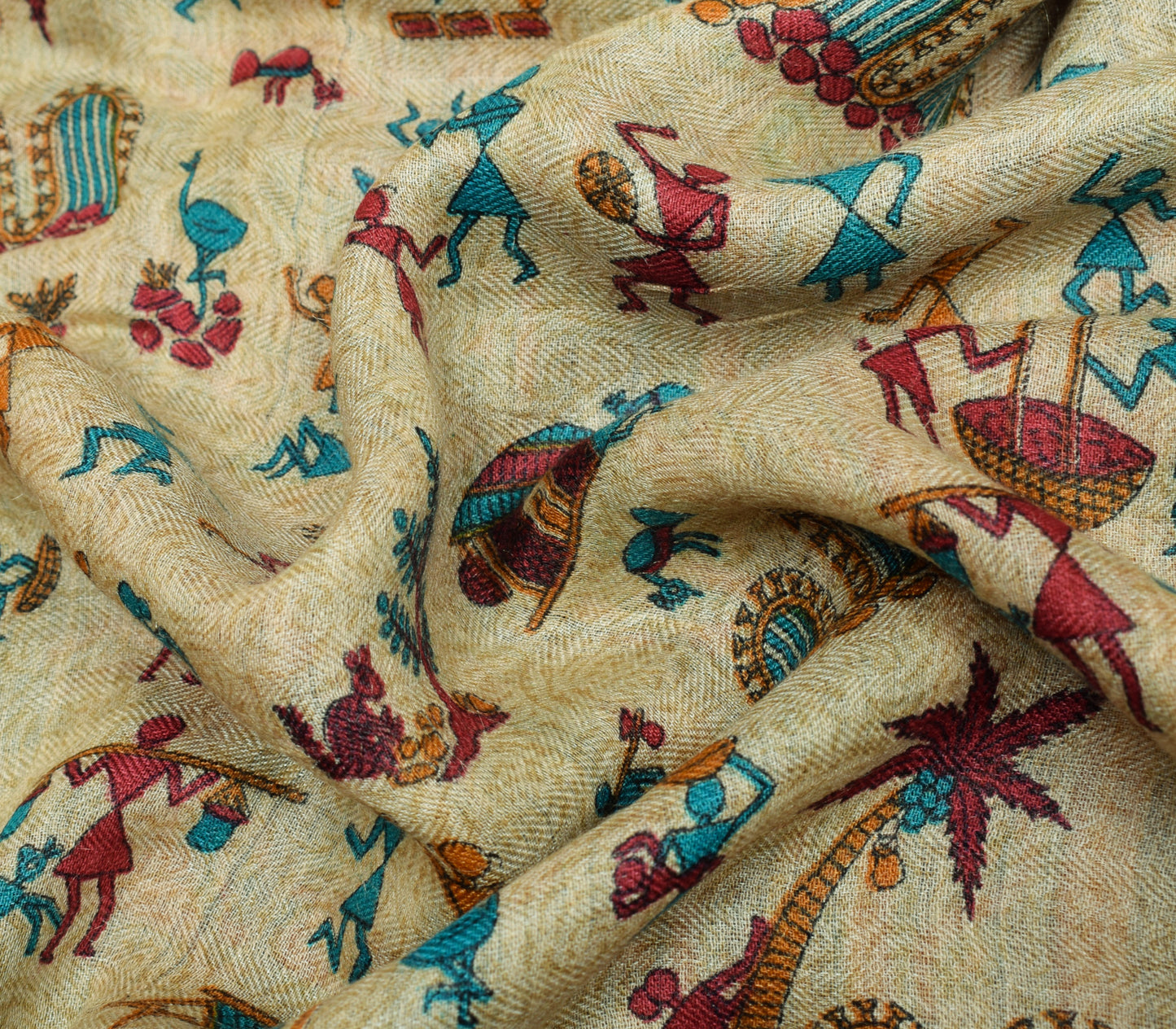 Sushila Vintage Cream Saree 100% Pure Woolen Warli Printed Soft 5YD Sari Fabric