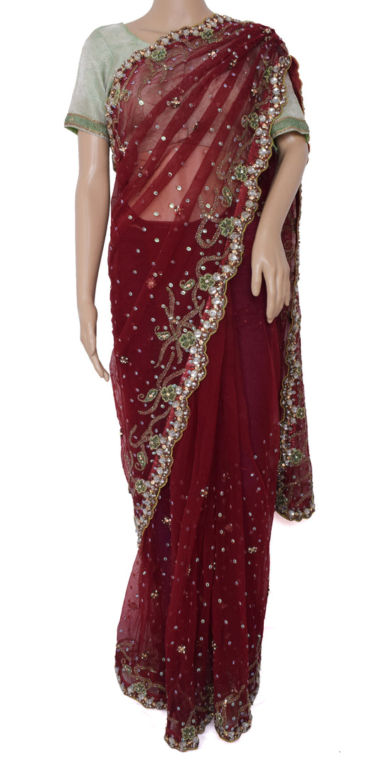 Sushila Vintage Maroon Saree Net Designer Stitched Ready to Wear Sari Fabric