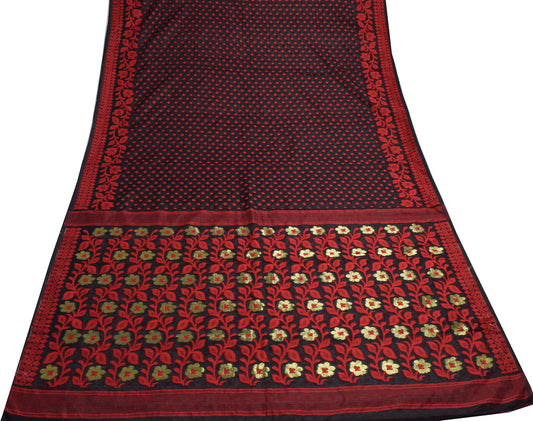 Sushila Vintage Black and Red Sari Floral Hand Woven Jamdani Saree Craft Fabric