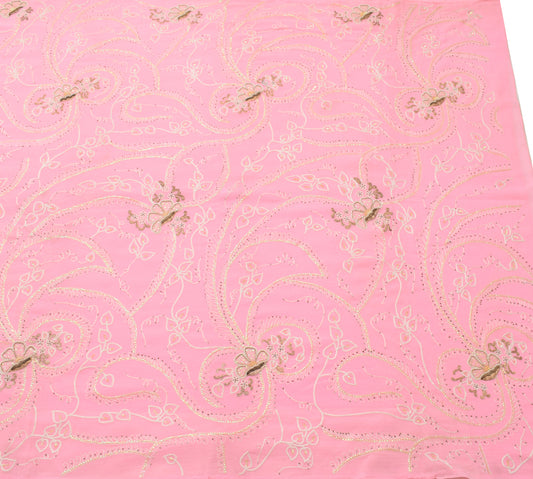 Sushila Vintage Pink Saree Blend Chiffon Silk Embroidered Floral Sari Fabric