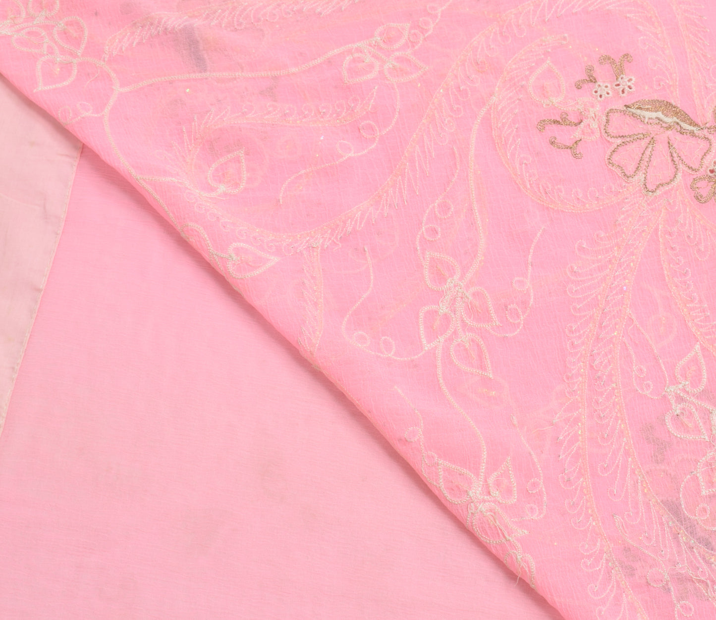 Sushila Vintage Pink Saree Blend Chiffon Silk Embroidered Floral Sari Fabric
