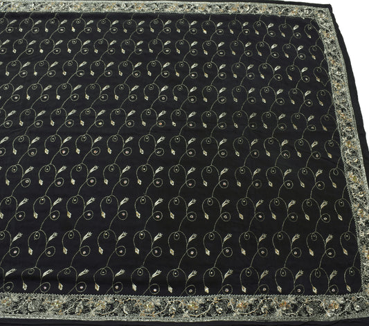Sushila Vintage Black Saree 100% Pure Crepe Silk Hand Beaded Floral Sari Fabric