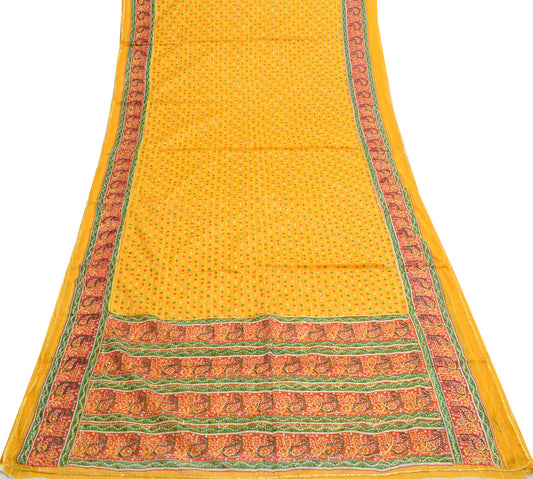 Sushila Vintage Yellow Saree 100% Pure Cotton Bandhani Printed Sari Craft Fabric