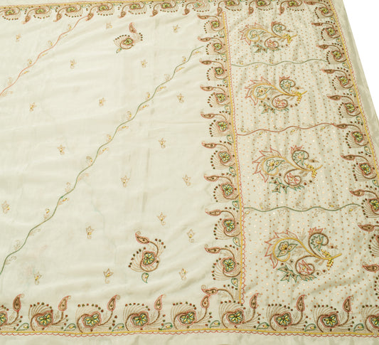 Sushila Vintage White Indian Saree Art Silk Hand Beaded Floral Sari Craft Fabric