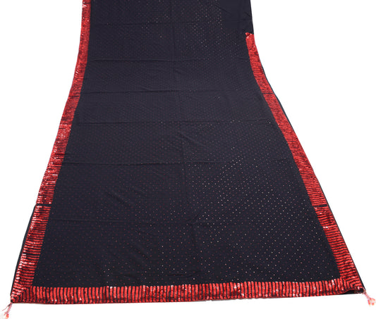 Sushila Vintage Black Bollywood Saree 100% Pure Georgette Silk Sequins Work Sari Fabric