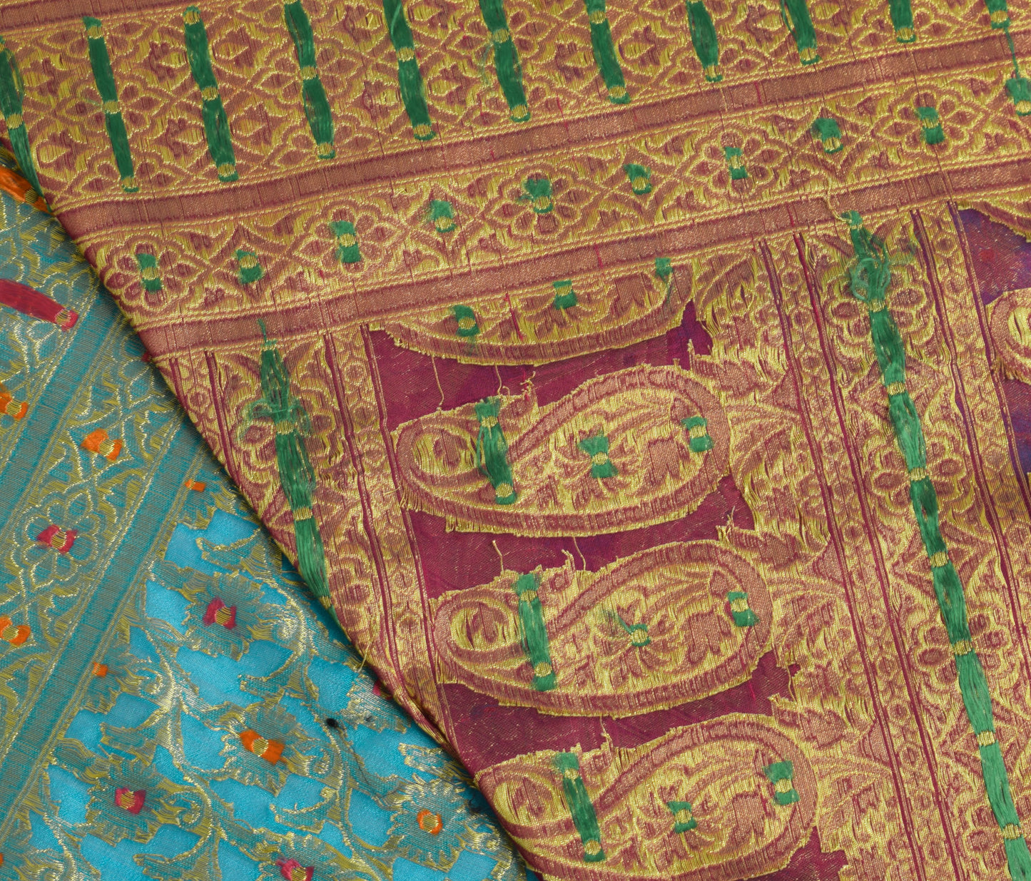 Sushila Vintage Turquoise Blue Saree Art Silk Banarasi Brocade Floral Sari