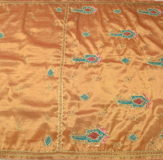 Sushila Vintage Golden Indian Saree Blend Tissue Hand Beaded Paisley Sari Fabric