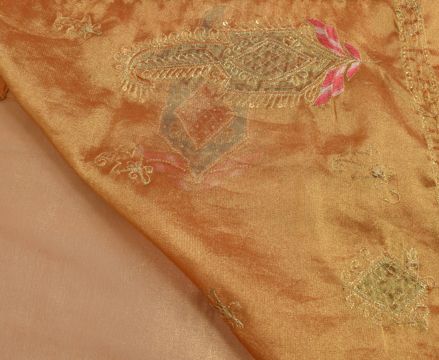 Sushila Vintage Golden Indian Saree Blend Tissue Hand Beaded Paisley Sari Fabric