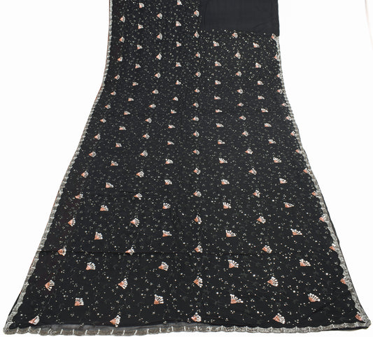 Sushila Vintage Black Saree 100% Pure Georgette Silk Hand Beaded Sari Fabric