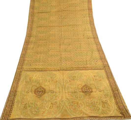 Sushila Vintage Green Branded Saree 100% Pure Silk Hand Beaded Sari Craft Fabric