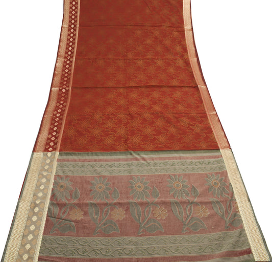 Sushila Vintage Maroon Saree Blend Silk Woven & Printed Floral Sari Craft Fabric