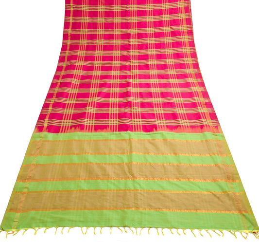 Sushila Vintage Magenta Saree 100% Pure Cotton Silk Checks Woven Sari Fabric