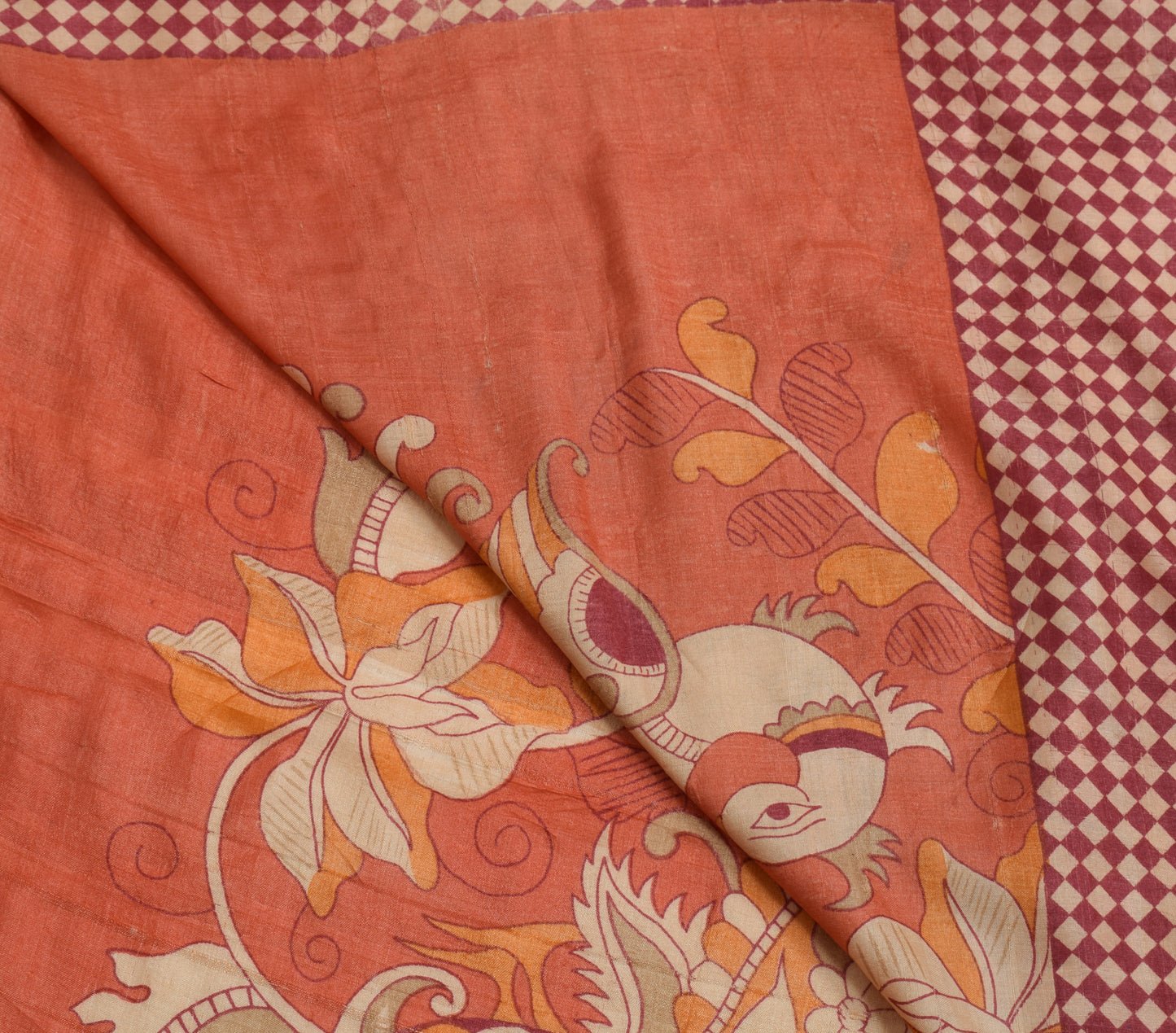 Sushila Vintage Peach Saree 100% Pure Silk Kalamkari Printed Sari Craft Fabric
