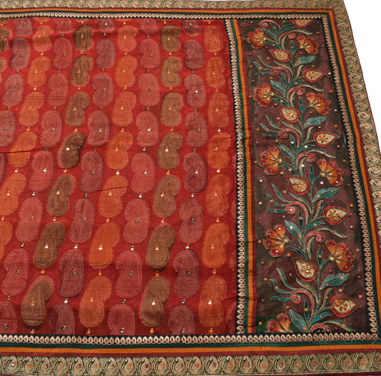 Sushila Vintage Multi-Color Heavy Saree Pure Georgette Silk Paisley Sari Fabric