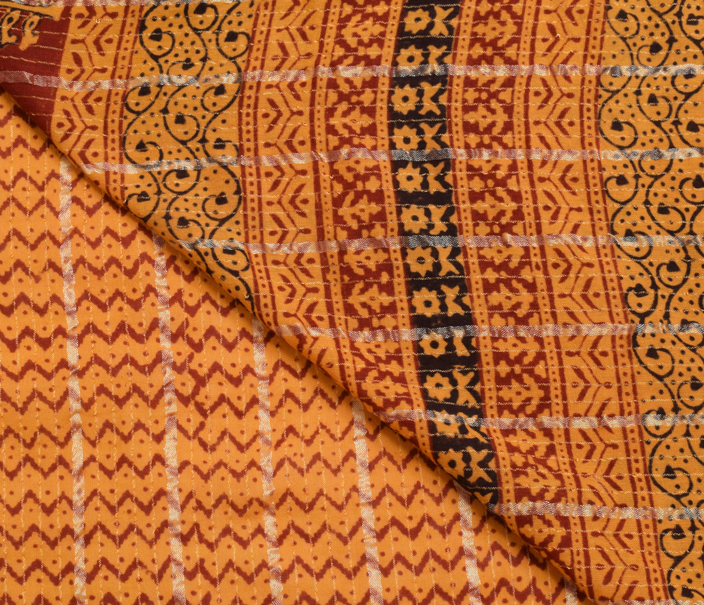 Sushila Vintage Mustard Saree 100% Pure Cotton Hand Block Printed Sari Fabric