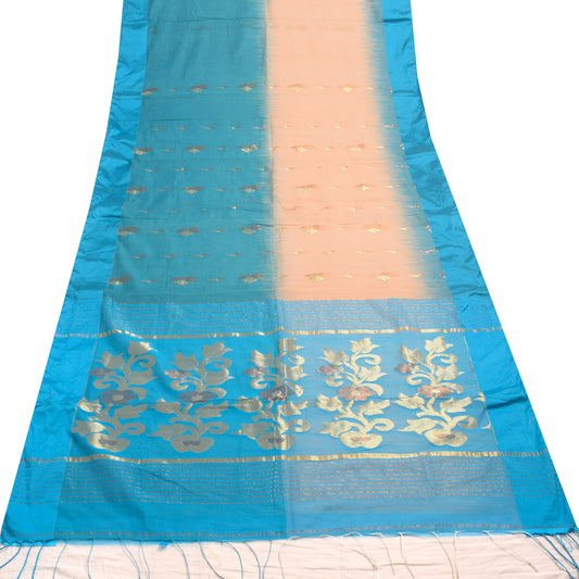 Sushila Vintage Turquoise Blue Saree Blend Silk Floral Woven Sari Craft Fabric