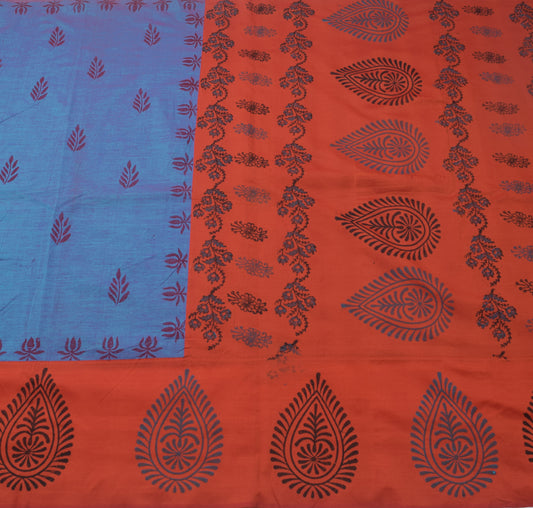 Sushila Vintage Blue Dual Tone Saree Blend Cotton Hand Block Printed Sari Fabric