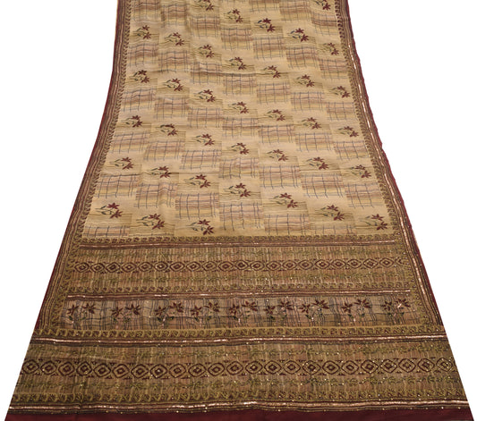 Sushila Vintage Brown Floral Saree 100% Pure Crepe Silk Hand Beaded Sari Fabric