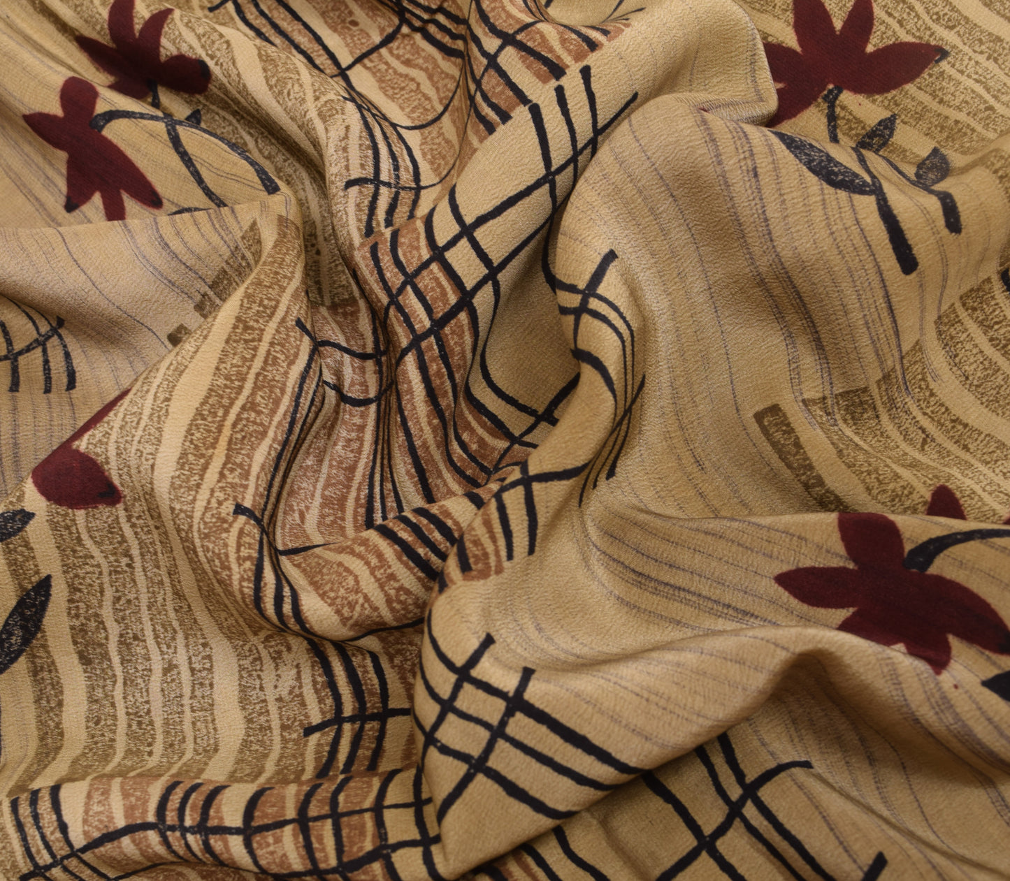 Sushila Vintage Brown Floral Saree 100% Pure Crepe Silk Hand Beaded Sari Fabric