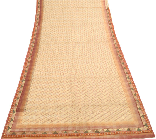 Sushila Vintage Beige Blend Cotton Supernet Saree Zig-Zag Printed Sari Fabric