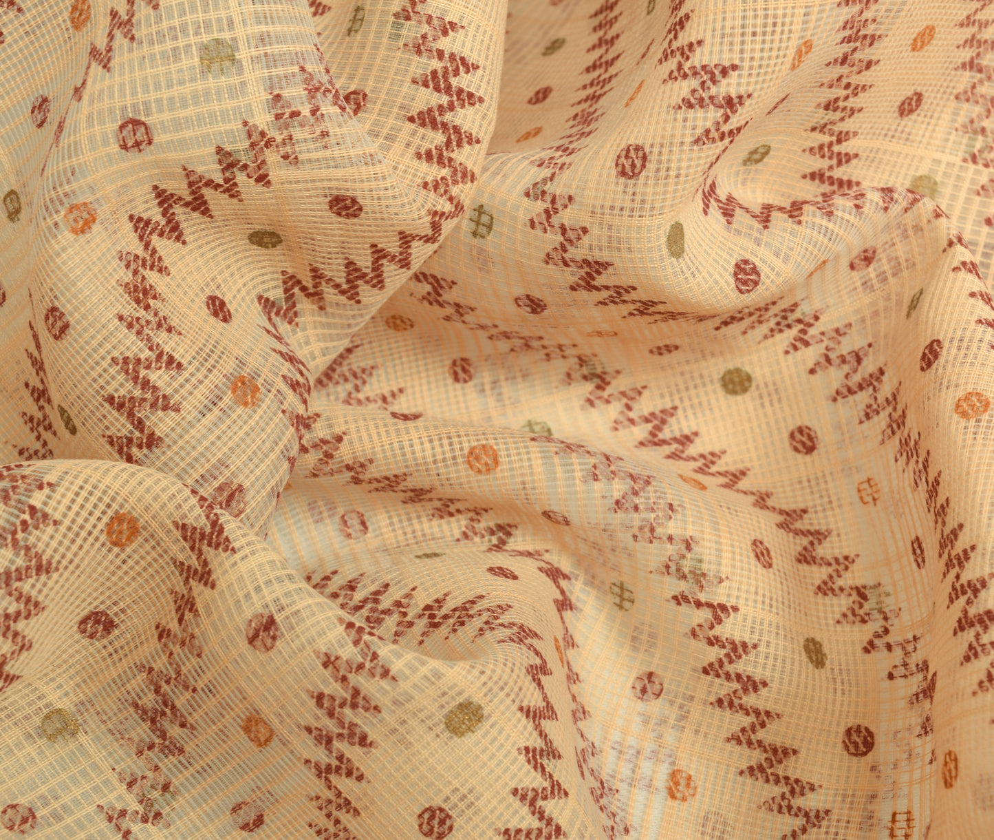 Sushila Vintage Beige Blend Cotton Supernet Saree Zig-Zag Printed Sari Fabric