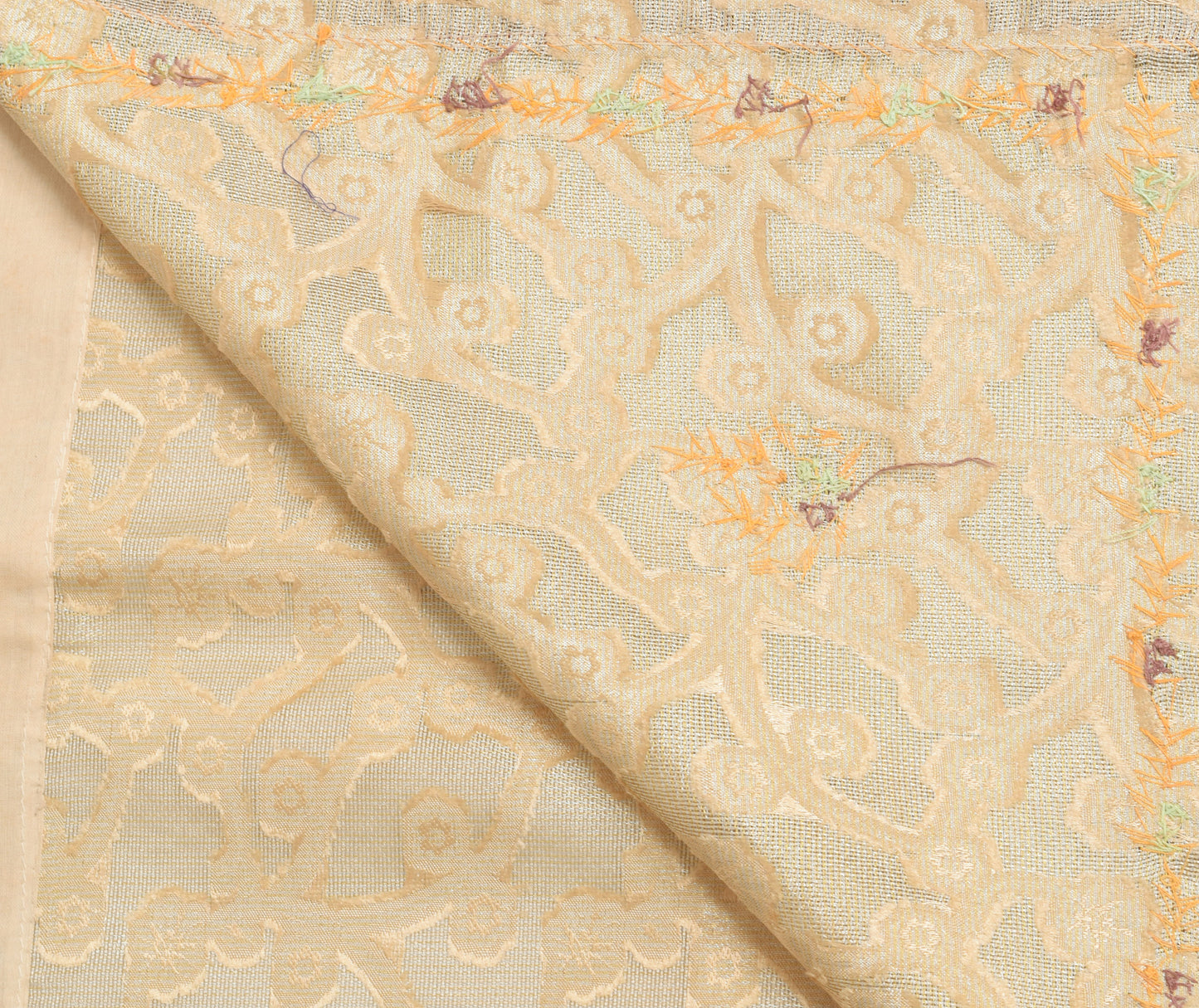 Sushila Vintage Beige Blend Tissue Saree Hand Beaded Zardozi Work Sari Fabric