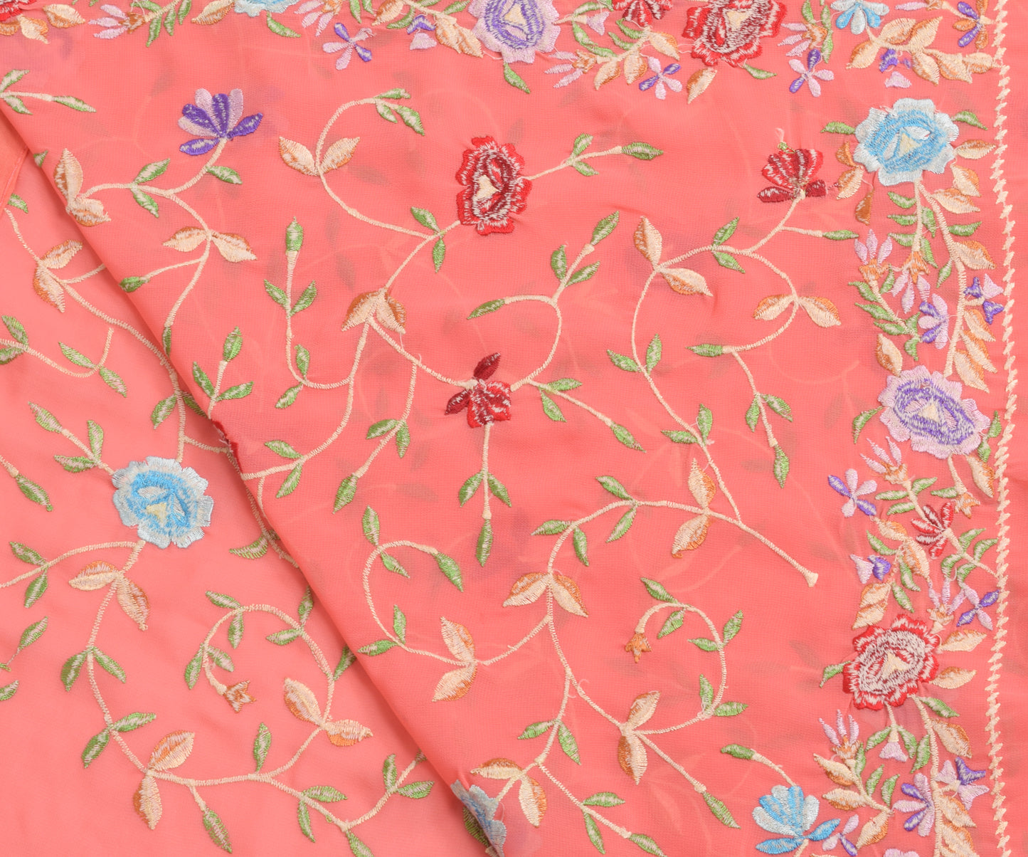 Sushila Vintage Peach Floral Saree Blend Georgette Silk Embroidered Sari Fabric