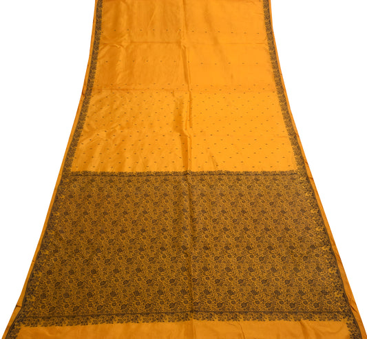 Sushila Vintage 100% Pure Silk Dark Yellow Saree Woven Floral Sari Craft Fabric