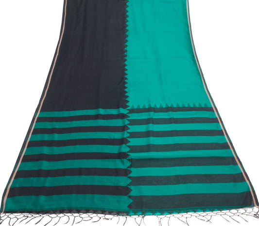 Sushila Vintage Black & Teal Green Saree Blend Cotton Silk Woven Sari Fabric