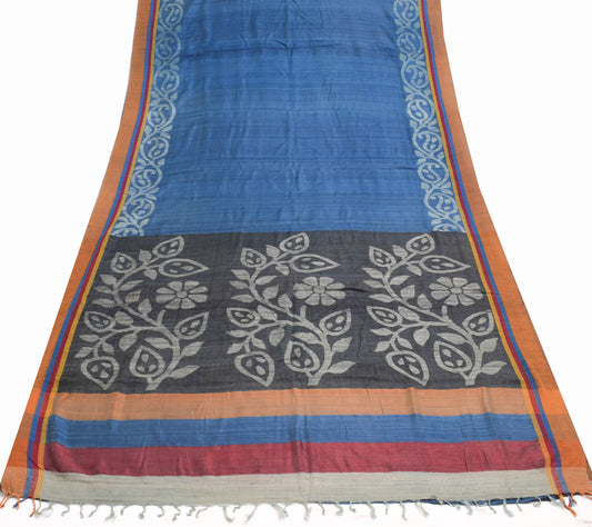 Sushila Vintage Blue Woven Floral Saree 100%Pure Woolen Indian Sari Craft Fabric
