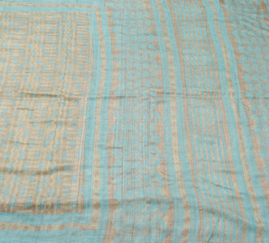 Sushila Vintage Brown Printed Saree 100%Pure Tussar Silk Sari Craft Dress Fabric