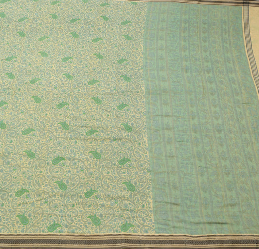 Vtg Cream Saree Pure Silk Printed with Woven Border Soft Branded Sari Fabric
