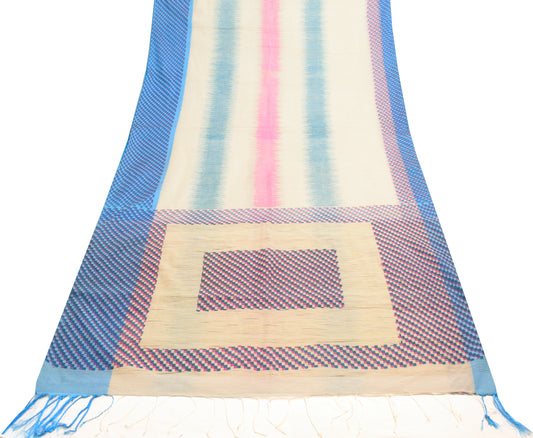 Sushila Vintage Cream Indian Saree Blend Silk Stripes Woven Sari Craft Fabric