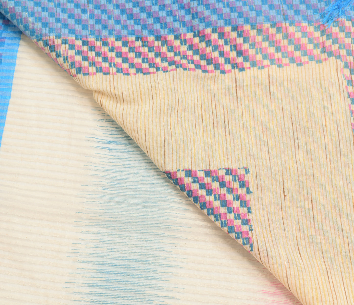 Sushila Vintage Cream Indian Saree Blend Silk Stripes Woven Sari Craft Fabric