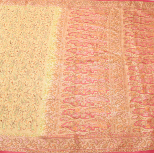 Sushila Vintage Beige Saree 100% Pure Silk Paisley Embroidered Sari Craft Fabric