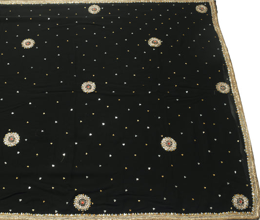 Sushila Vintage Black Hand Beaded Saree 100% Pure Georgette Silk Sari Fabric