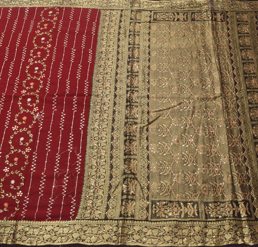 Sushila Vintage Maroon With Black Zari Brocade Saree Georgette Silk Sari Fabric