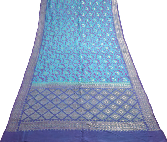 Sushila Vintage Aqua Blue Saree Pure Crepe Silk Woven Floral Sari Craft Fabric
