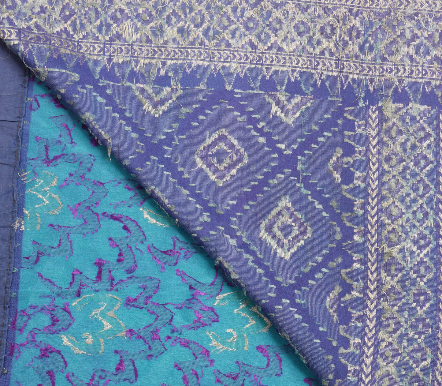 Sushila Vintage Aqua Blue Saree Pure Crepe Silk Woven Floral Sari Craft Fabric
