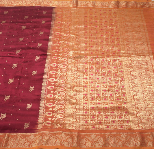 Sushila Vintage Maroon & Mustard Saree 100% Pure Silk Floral Woven Kanjivaram Sari Craft Fabric