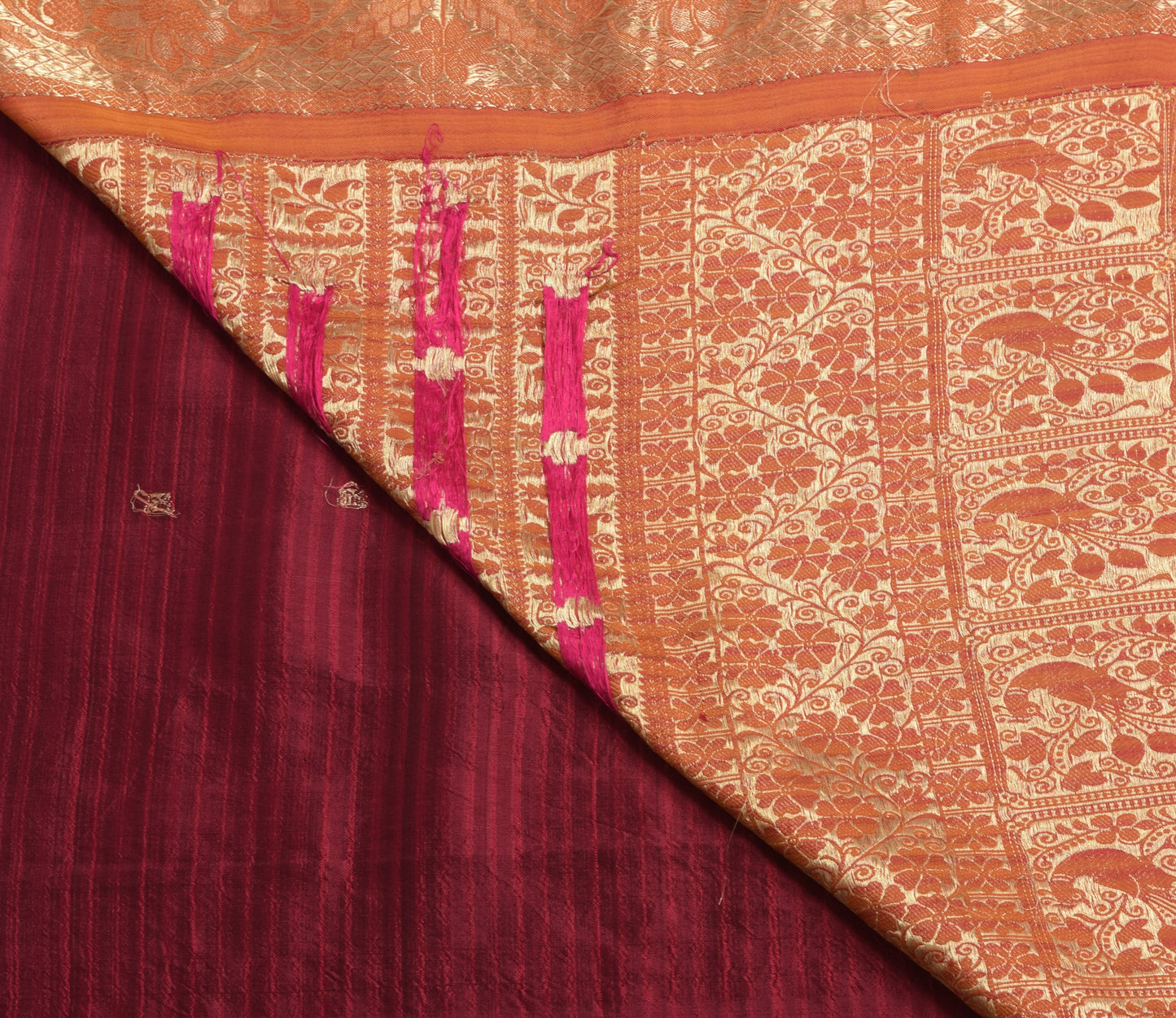 Sushila Vintage Maroon & Mustard Saree 100% Pure Silk Floral Woven Kanjivaram Sari Craft Fabric